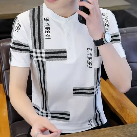 立领Polo衫男韩版潮流时尚休闲潮牌纯棉短袖T恤男装中山领打底衫t商品大图