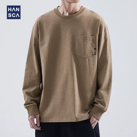 hansca 重磅长袖t恤男秋季新款简约日系休闲复古圆领纯棉口袋上衣商品大图
