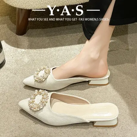 包头半拖鞋女2024年夏季新款仙女风凉鞋配裙尖头懒人凉拖外穿粗跟商品大图