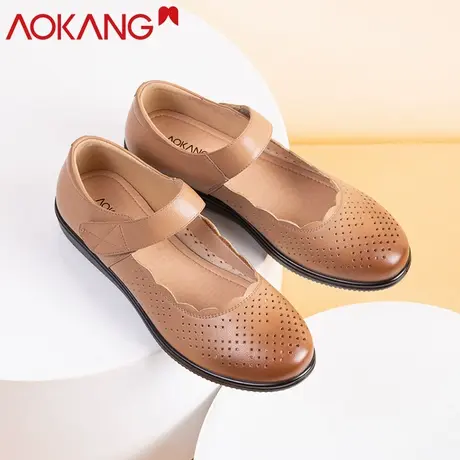 奥康女凉鞋2024夏季新款真皮软底舒适镂空皮鞋中老年妈妈平底单鞋商品大图