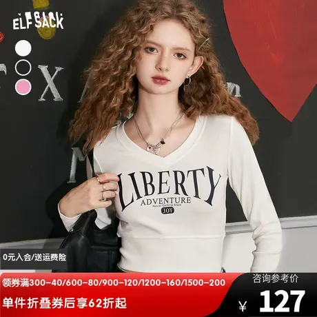 妖精的口袋v领短款bm风针织t恤女2024春秋新款多巴胺长袖辣妹上衣图片
