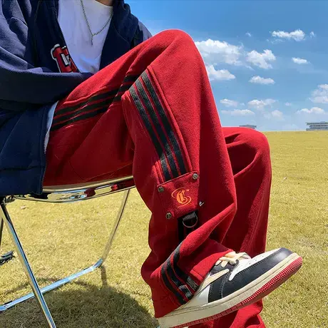 港风条纹宽松运动秋冬季卫裤男潮流休闲长裤复古阔腿拖地直筒裤子商品大图