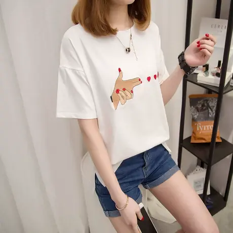 2023年新款ins超火短袖T恤女宽松夏装下摆开叉小众设计感爱心绣花商品大图