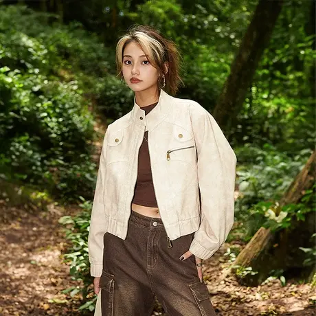 美式潮牌短款皮衣女春秋2023新款机车风立领pu皮夹克外套辣妹上衣商品大图