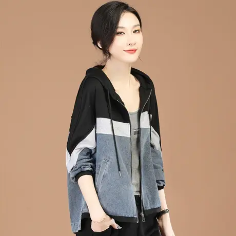 韩潮袭人撞色拼接连帽牛仔外套女2023年秋季新款宽松百搭棒球服图片