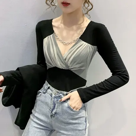 女装2023新款潮性感V领T恤女长袖春秋网纱拼接上衣洋气紧身打底衫商品大图