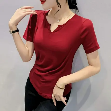 欧货弧形下摆T恤女短袖设计感小众紧身小衫时尚不规则V领上衣半袖商品大图
