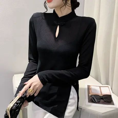 欧货盘扣立领上衣女2023秋装新款不规则开叉T恤长袖性感镂空小衫商品大图