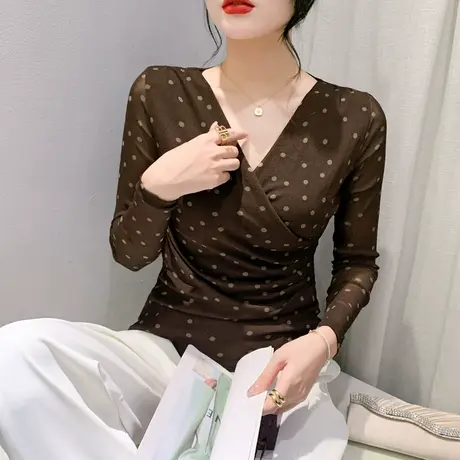 性感交叉打底衫女长袖秋季2023新款时尚网纱上衣洋气波点印花T恤商品大图