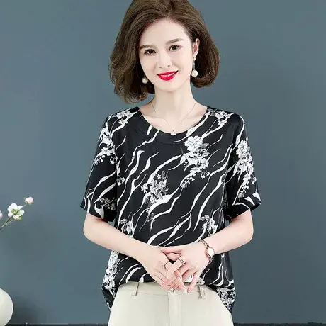 2023夏季新款时尚印花雪纺衫女圆领短袖大码显瘦真丝t恤女上衣潮商品大图