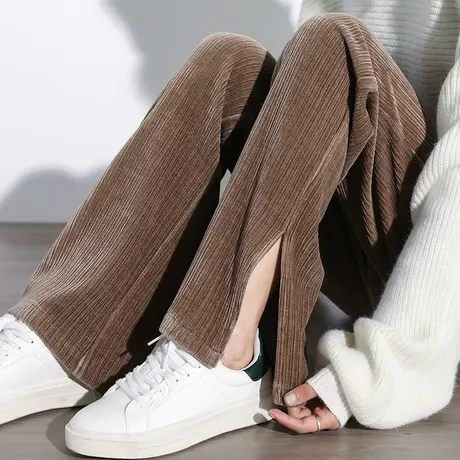 开叉灯芯绒阔腿裤子女2023年春季新款高腰垂感直筒宽松显瘦拖地裤商品大图