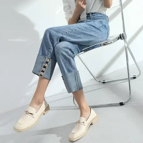 牛仔裤女直筒宽松小个子ins春秋2023新款显瘦显高港风高腰九分裤商品大图