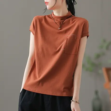 dza复古半高领纯棉短袖t恤女秋季新款内搭打底衫宽松短款显瘦上衣商品大图