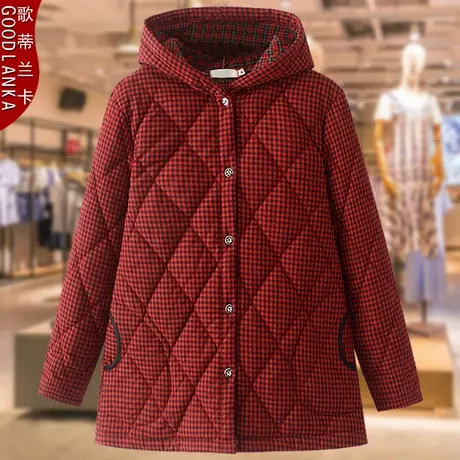 中老年妈妈冬装棉衣外套洋气中年妈妈加肥加大码女装连帽格子棉服商品大图