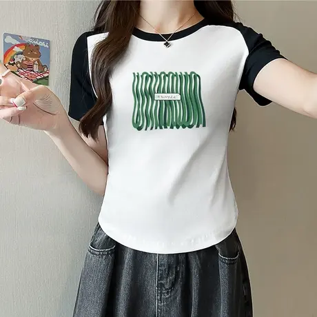 女士短款t恤2023新款夏季短袖超好看正肩修身撞色设计感上衣ins潮图片
