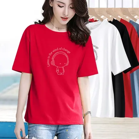 红色短袖t恤女夏季胖mm遮肚子显瘦落肩宽松休闲圆领半袖印花上衣商品大图