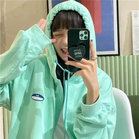 红续春秋新款韩版ulzzang慵懒风盐系少女开衫连帽卫衣女薄款ins图片