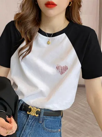 拼接撞色纯棉短袖t恤女2023夏季新款上衣宽松设计感小众美式复古图片