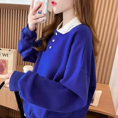 早春翻领polo衫卫衣女春秋韩版宽松薄款小个子拼色假两件上衣外套商品大图