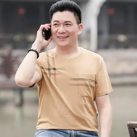 100%纯棉中年男士t恤短袖圆领夏季爸爸装全棉半袖汗衫父亲上衣服商品大图
