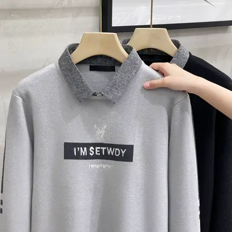 秋冬季毛衣男假两件时尚加厚保暖衣潮流线衣休闲外套宽松上衣男装商品大图