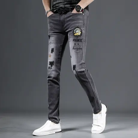 高端牛仔裤男春夏季2023新款潮牌黑灰色修身小脚时尚刺绣弹力裤子商品大图