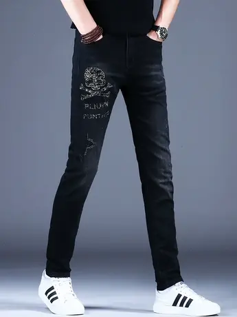 男士黑灰色烫钻牛仔裤男款修身小脚2023年秋款季裤子休闲男裤弹力商品大图