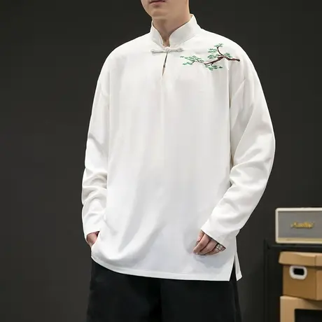 国潮长袖t恤男装中国风唐装改良汉服复古新中式上衣刺绣男士体恤图片