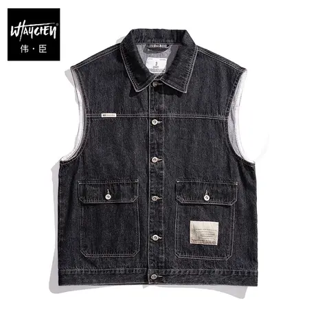 伟臣潮牌大码男装春季新品牛仔背心胖子加肥加大宽松水洗夹克外套商品大图