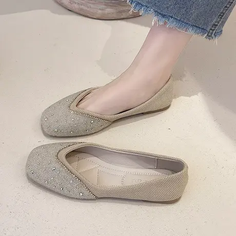 方头浅口单鞋女2023新款春季时尚百搭温柔仙女风一脚蹬平底晚晚鞋商品大图