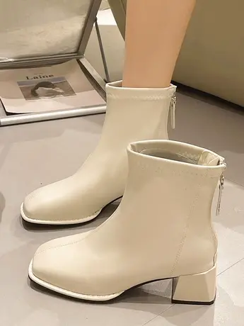 高跟方头小短靴女2023年秋冬新款马丁靴小众粗跟设计感法式瘦瘦靴商品大图