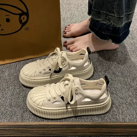 小白鞋女2023年夏季新款透气运动板鞋韩版百搭防滑软底镂空凉鞋商品大图