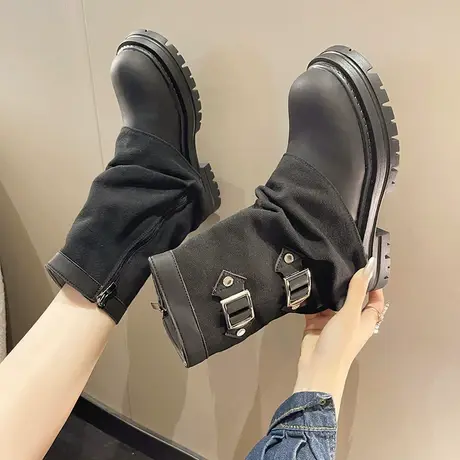 爆款厚底复古英伦风马丁靴女秋款2023爆款拉链裤管方根超火短靴子商品大图