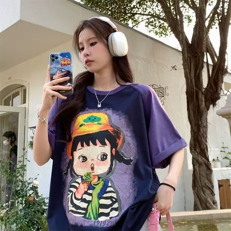 大码夏季胖mm卡通印花撞色T恤女装遮肚子百搭短袖中长款上衣200斤商品大图