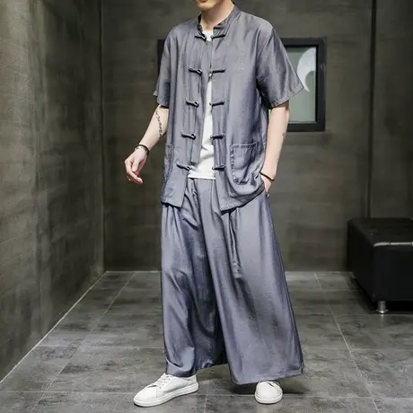 秋季冰丝唐装男青年宽松薄款短袖衬衫立领中山装男盘扣古风套装商品大图