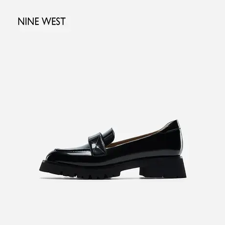 Nine West/玖熙魔术贴乐福鞋女新款粗跟厚底英伦风单鞋百搭格雷系图片
