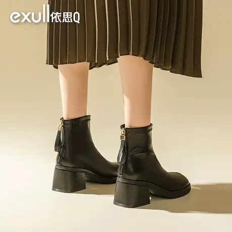 依思q切尔西靴秋冬高跟靴子女2023新款马丁靴粗跟黑色瘦瘦靴短靴商品大图
