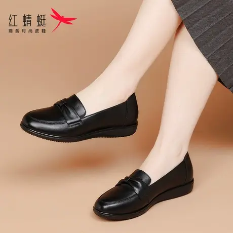 红蜻蜓女鞋鞋子一脚蹬懒人单鞋小皮鞋女中年妈妈鞋不累脚软底真皮商品大图