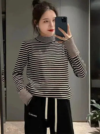 半高领毛衣女黑白条纹修身套头打底衫秋冬新款长袖洋气内搭针织衫商品大图