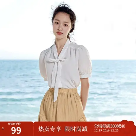 茵曼法式气质衬衣2023夏季女装新款系带领修身显瘦泡泡袖短袖衬衫图片