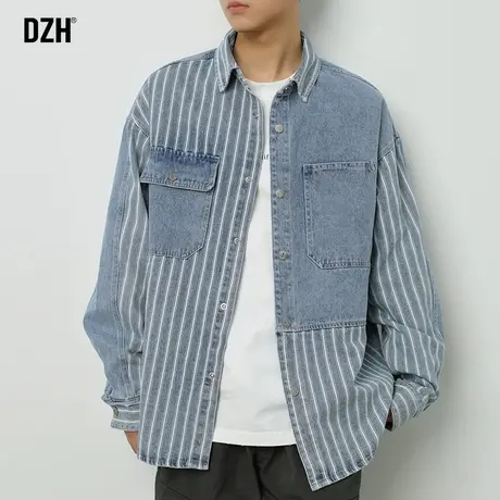 男士日系牛仔条纹衬衫男秋季潮牌休闲开衫衬衣外套高级感工装男装商品大图