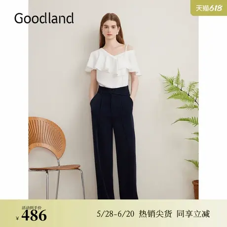 Goodland美地夏季法式高腰通勤长裤缎感肌理阔腿休闲裤商品大图