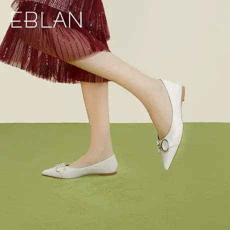 伊伴春季女鞋尖头真皮舒适单鞋女简约低跟平底鞋浅口通勤皮鞋商品大图