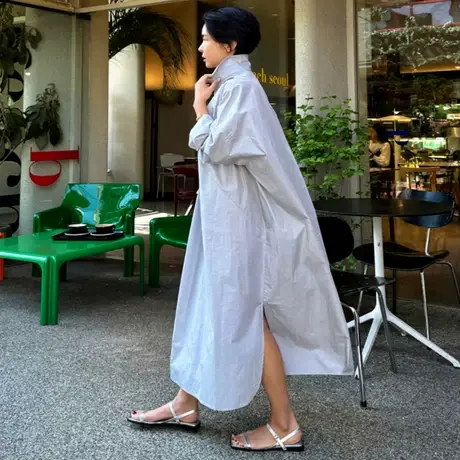 长袖新款套头衬衫连衣裙女中长款韩版宽松大码时尚休闲开叉衬衣裙图片