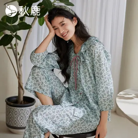 秋鹿吸湿透气轻盈舒适人棉睡衣女2025夏新款法式碎花九分袖家居服商品大图