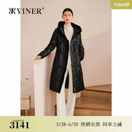 YINER音儿专选2025春季新款100绵羊皮水貂毛条连帽真皮蓬松羽绒服商品大图