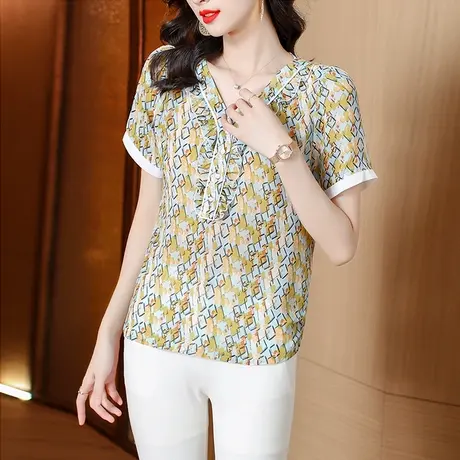 2023夏装新款碎花雪纺衫女时尚百搭洋气小衫v领时尚漂亮妈妈上衣图片