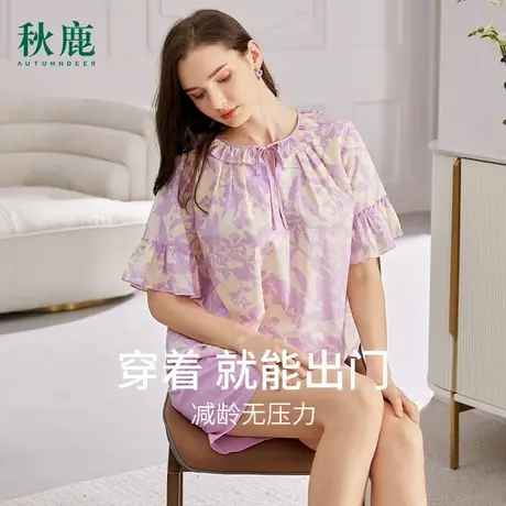 秋鹿梭织棉家居服女薄款花边袖短袖短裤简约印花纯棉睡衣夏季女款商品大图