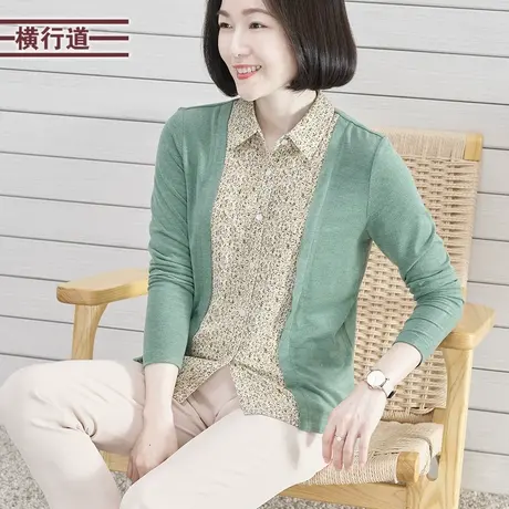 2023冬季新款韩版简约翻领假两件拼接开衫长袖T恤女装外穿上衣服商品大图