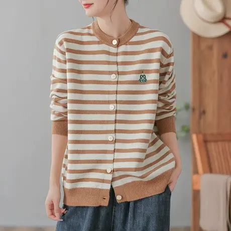 dza 复古圆领条纹毛衣外套女士春秋宽松针织开衫休闲外搭长袖上衣商品大图